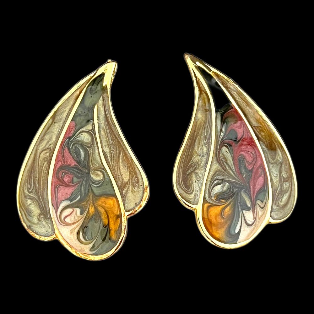 Vintage 1980s Gold Tone Earrings Hand Applied Shimmer Enamel Pierced NOS - 3G